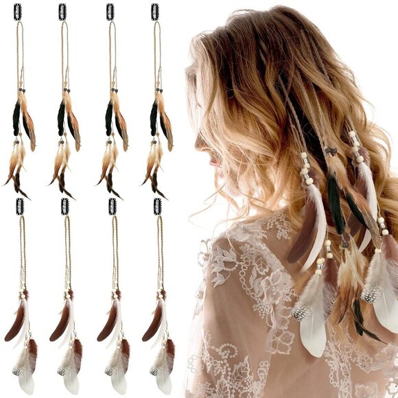 8 Pcs Feather Hair Clips Hippie Handmade Boho Hair Extensions with Feather Clip - Picture 1 of 7